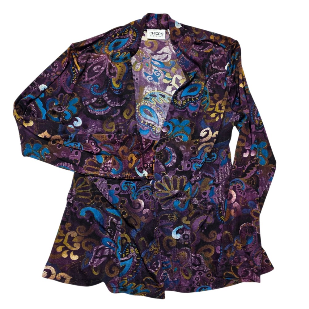 Chicos Travelers Purple Paisley Metallic Lightweight Cardigan Women Size M - Picture 7 of 7